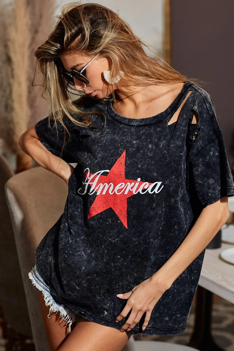 BiBi Laser Cut Mineral Washed Jersey Top with  America Trendsi
