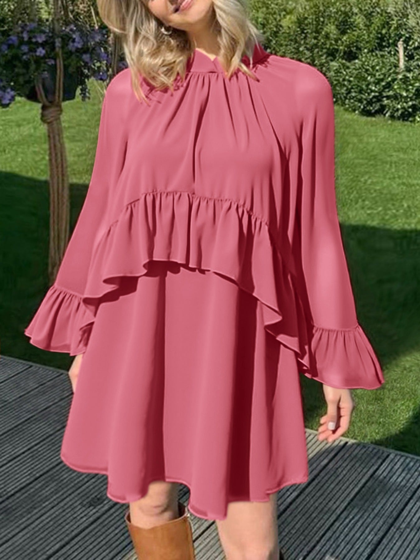 Ruffle Trim High Neck Mini Dress 