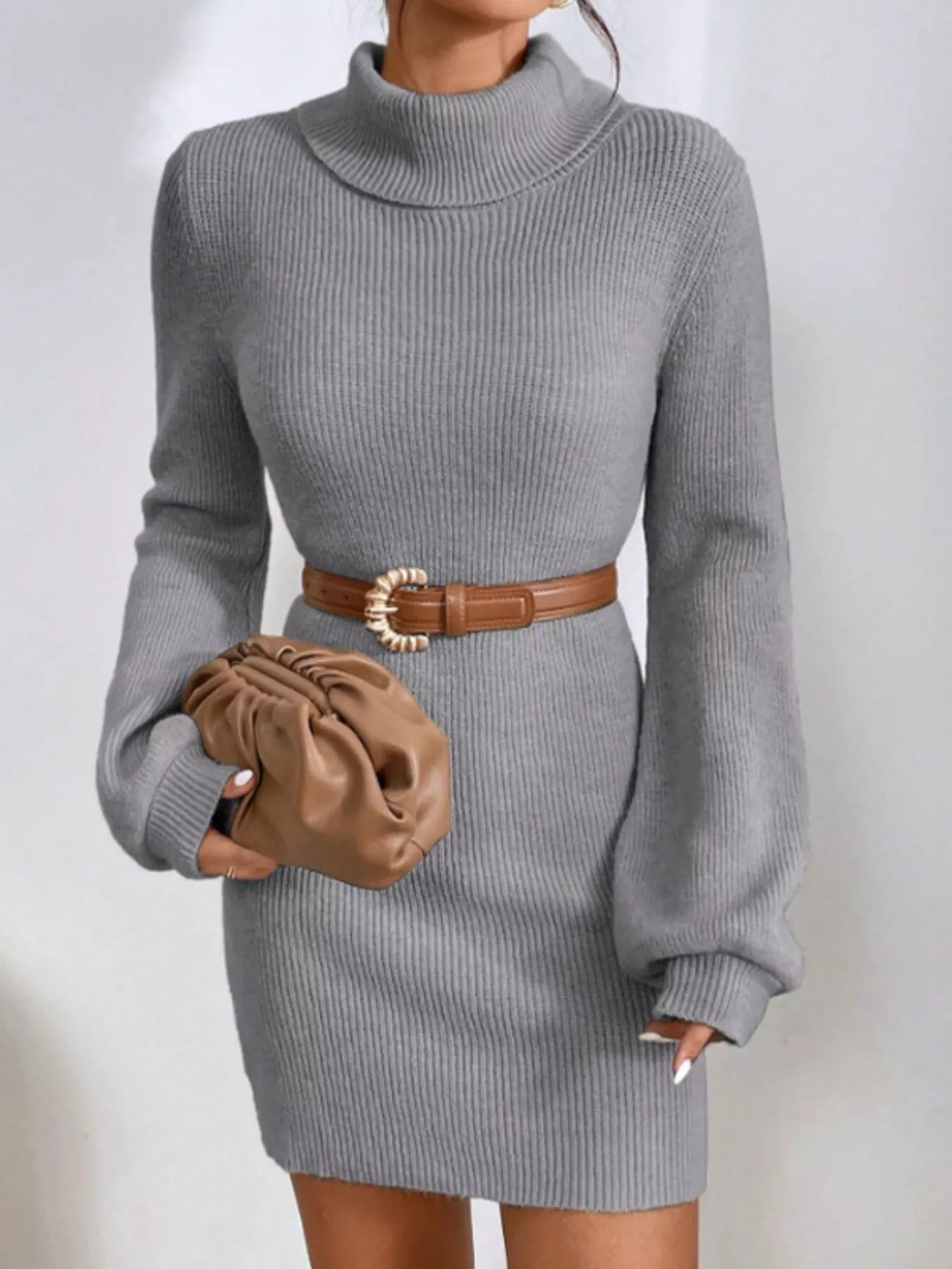 Turtleneck Ribbed Knit Sweater Dress Trendsi