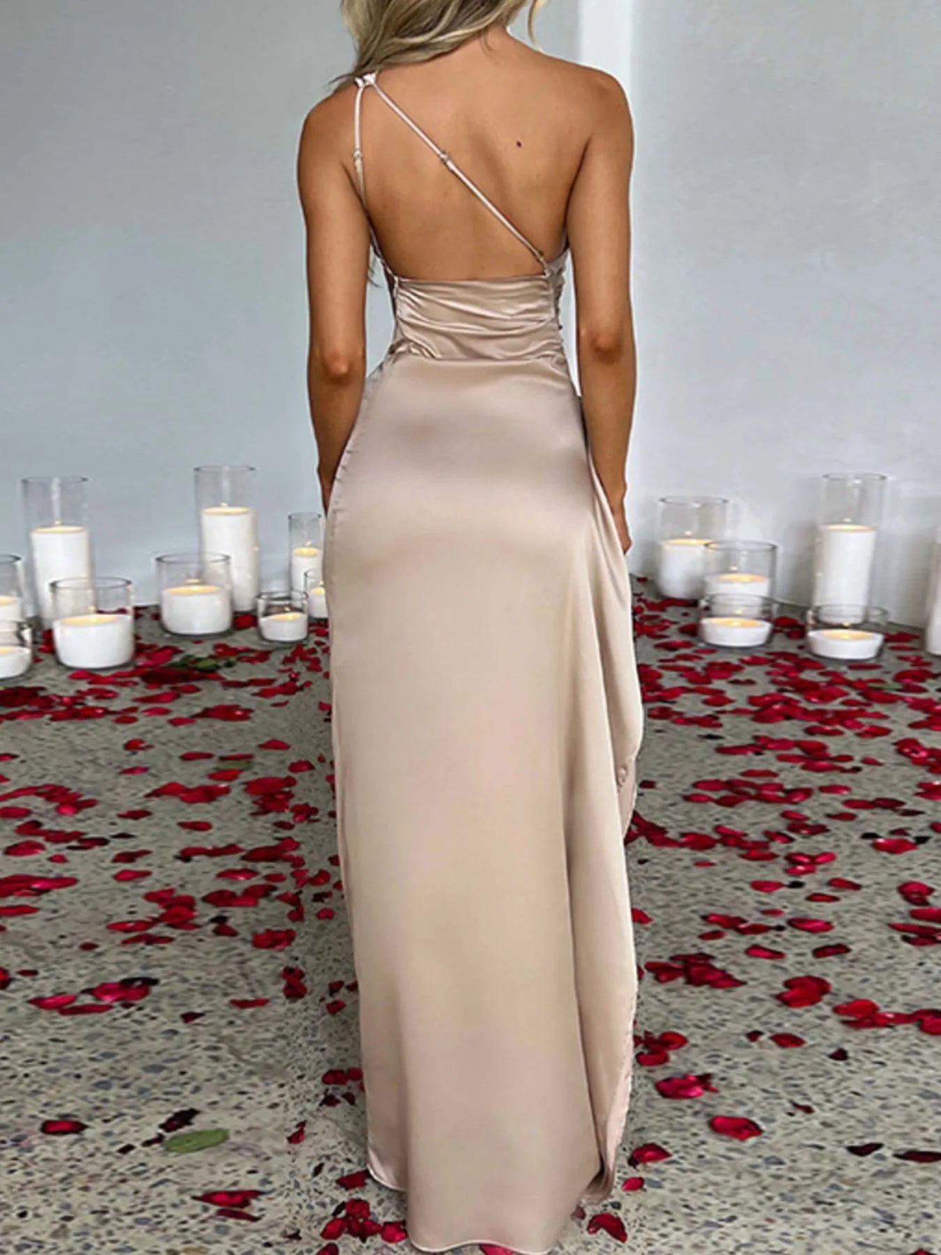 One Shoulder Satin Dress with High Slit Luckygirlsclothingcompany.com