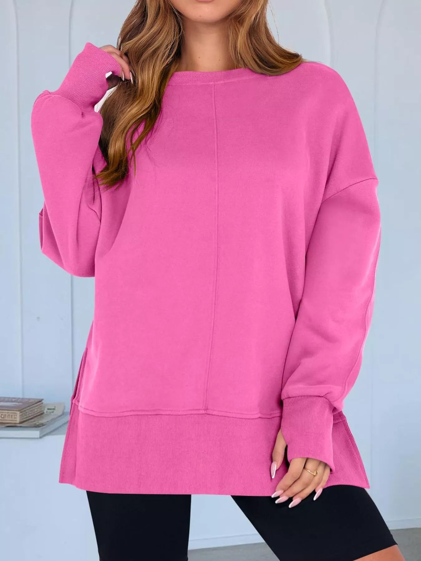 Side Slit Round Neck Long Sleeve Sweatshirt 