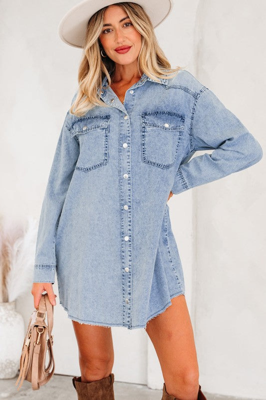 Solid Denim Chest Pocket Raw Hem Shirt Dress 