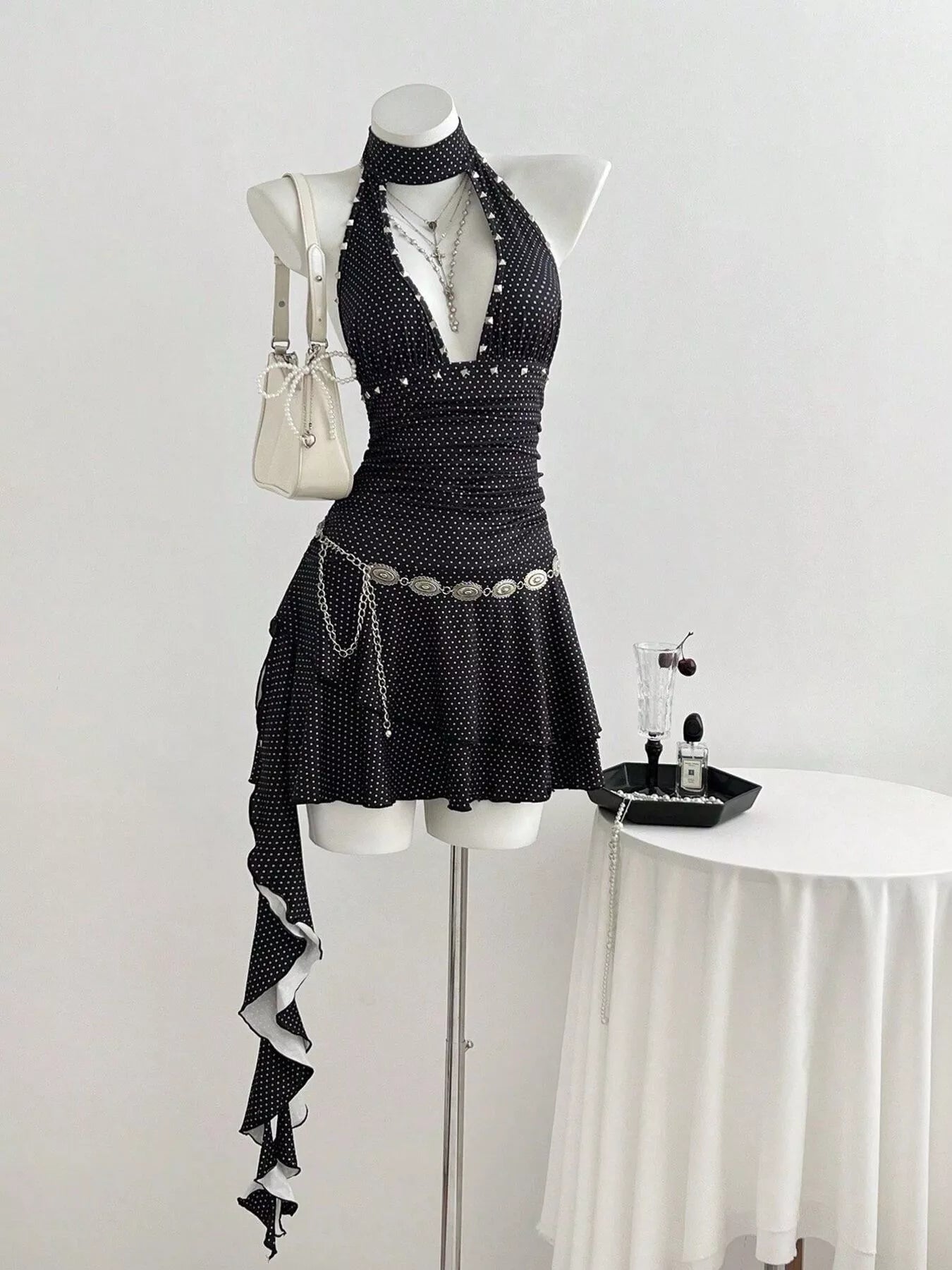 Polka Dot Cutout Front Halter Neck Dress Trendsi
