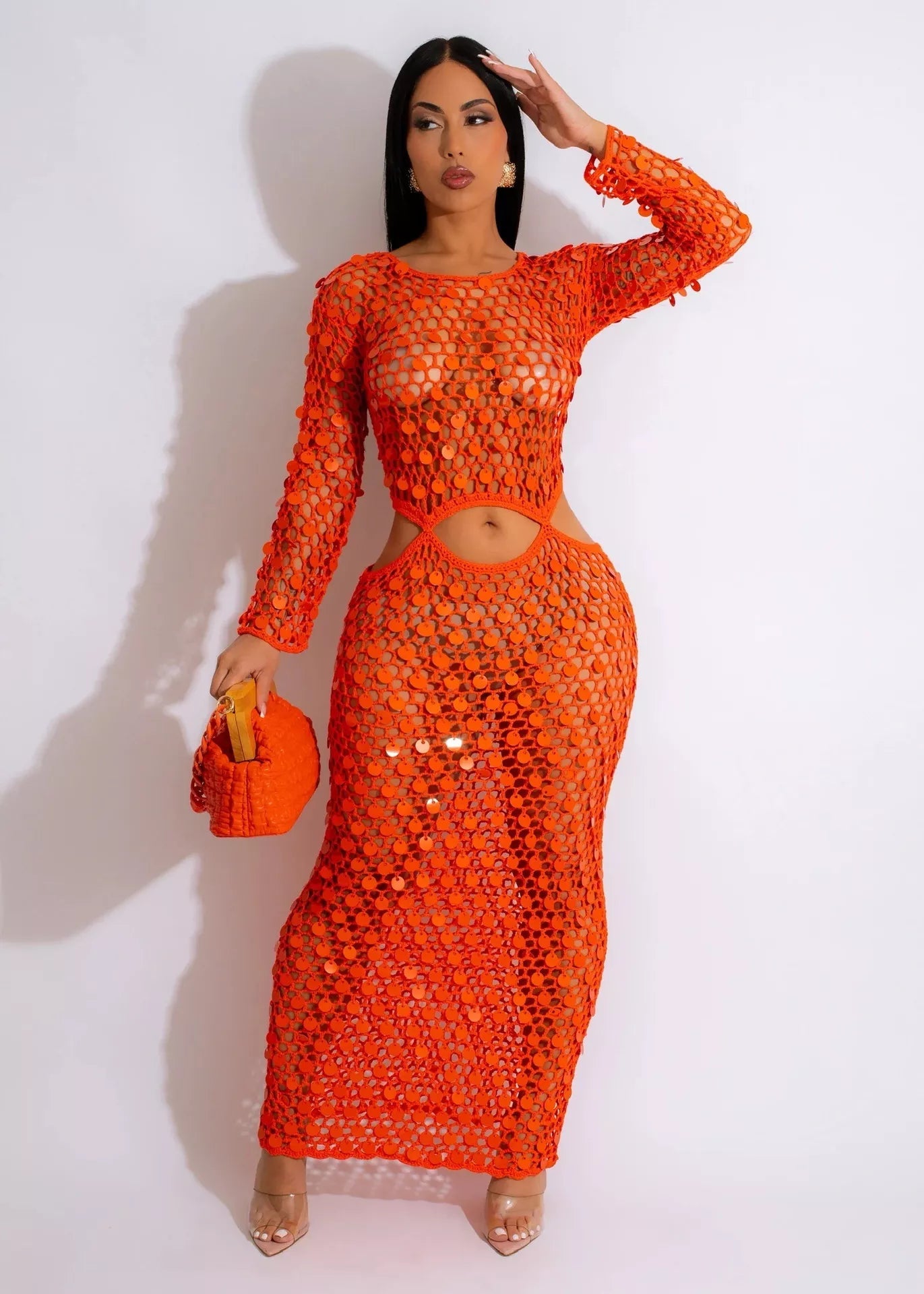 Sequin Mesh Cutout Maxi Dress 