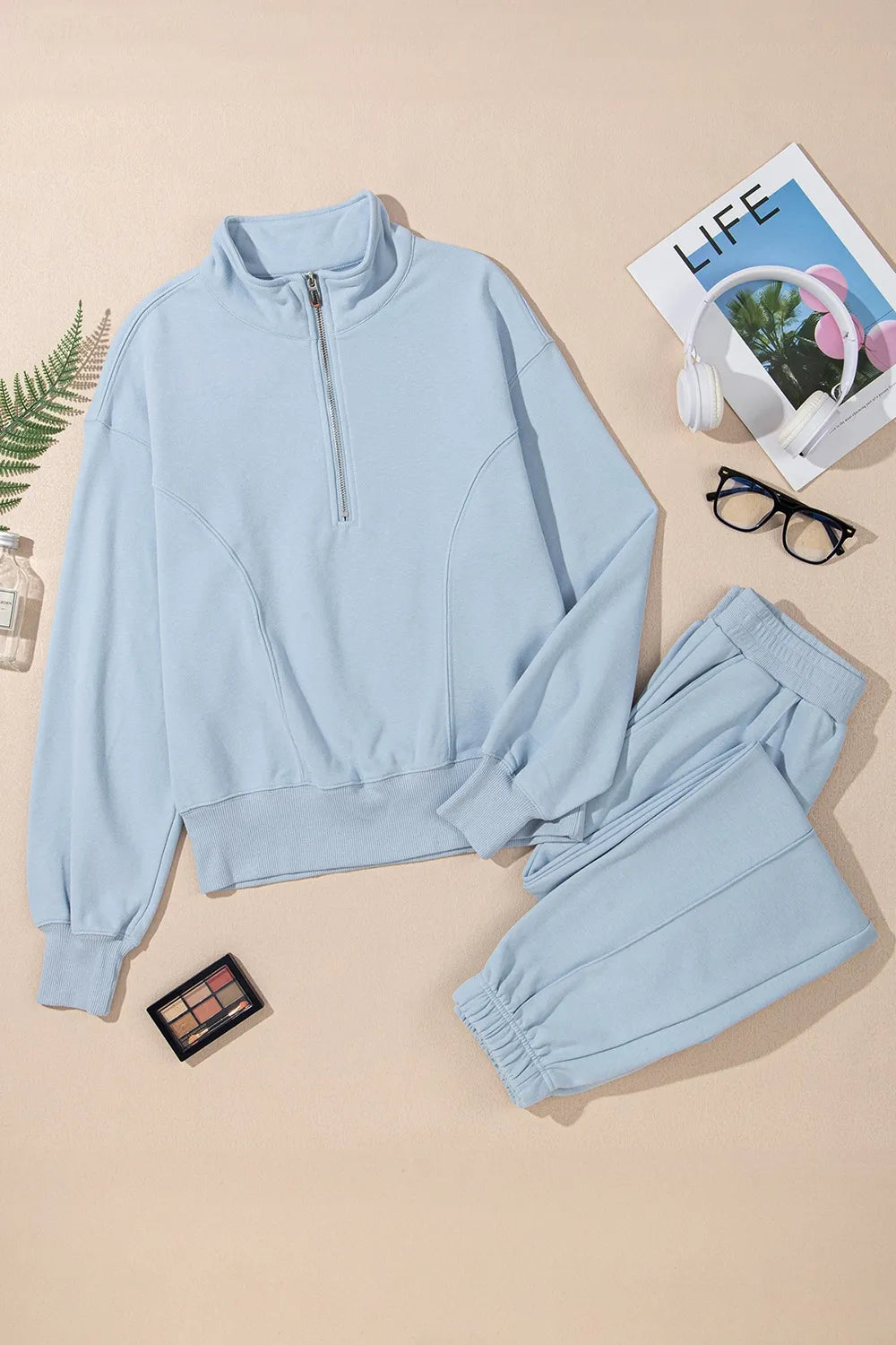 Half Zip Long Sleeve Top and Joggers Set Trendsi