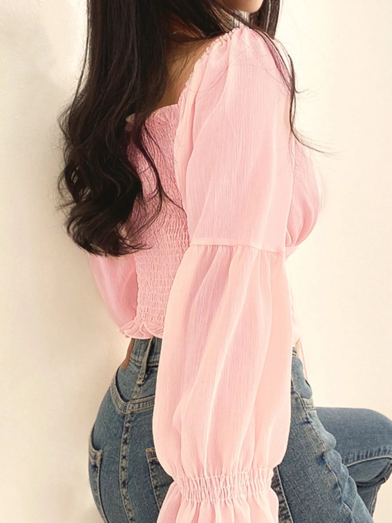 Tie Front Flounce Sleeve Blouse 
