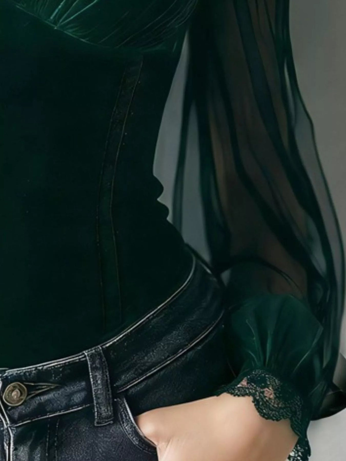 Lace Trim Velvet Sheer Sleeve Blouse Trendsi