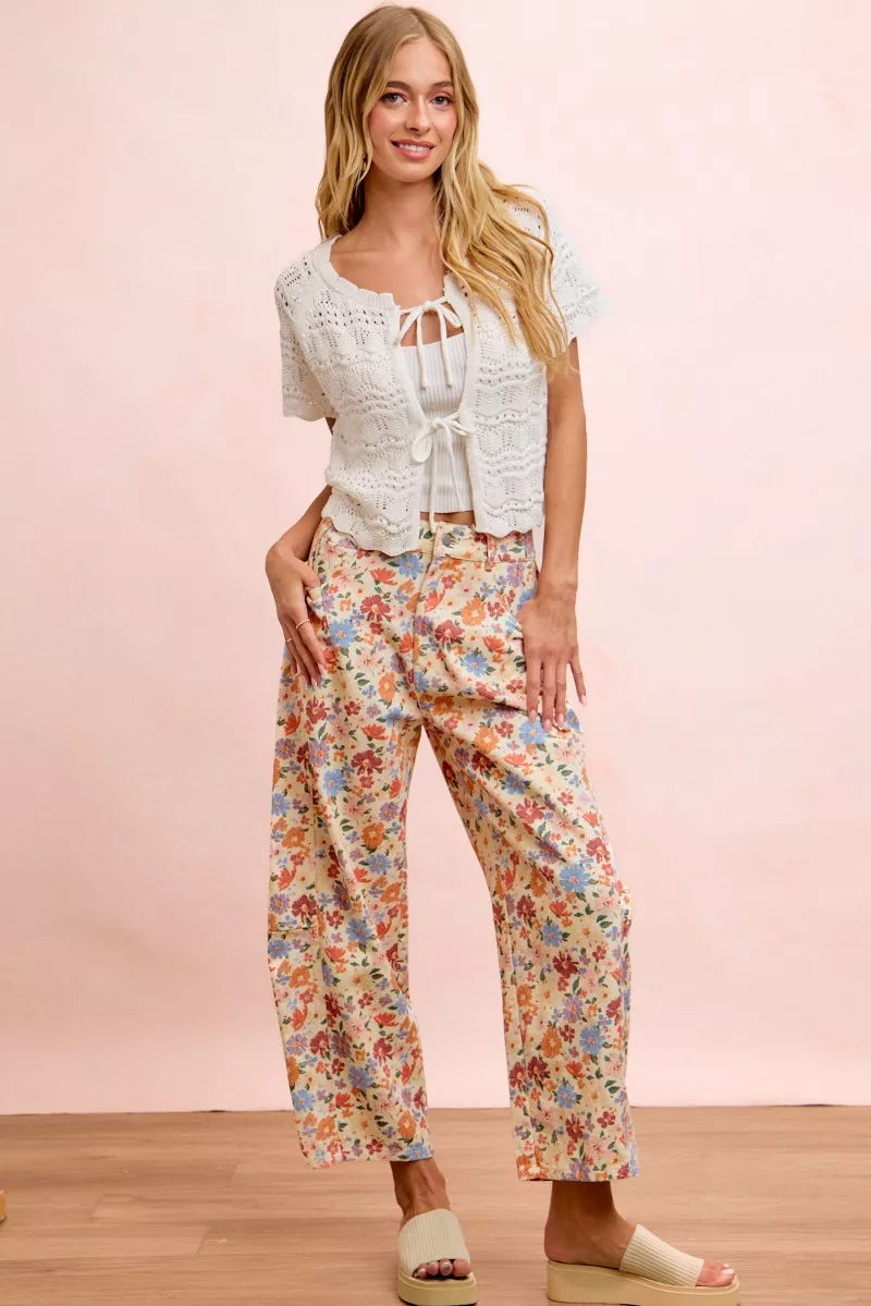 BiBi Washed Floral Printed Twill Barrel Pants Trendsi