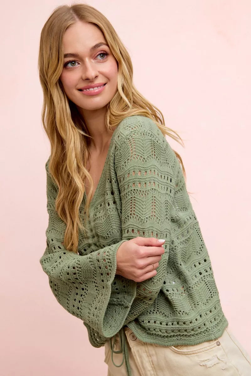 BiBi Pointelle Knit V Neck Ruched Front Lightweight Top Trendsi