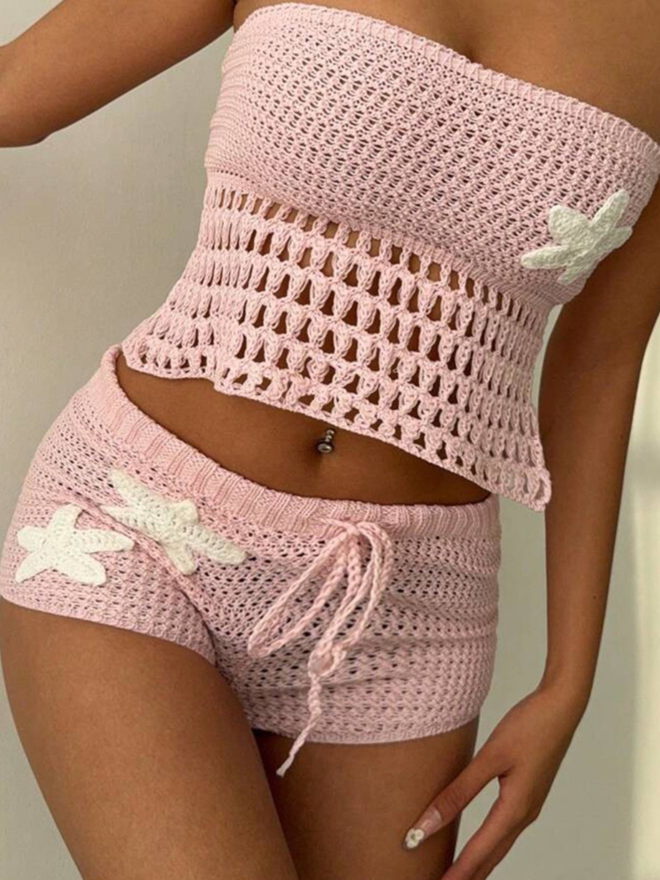Crochet Tube Top and Shorts Sweater Set 
