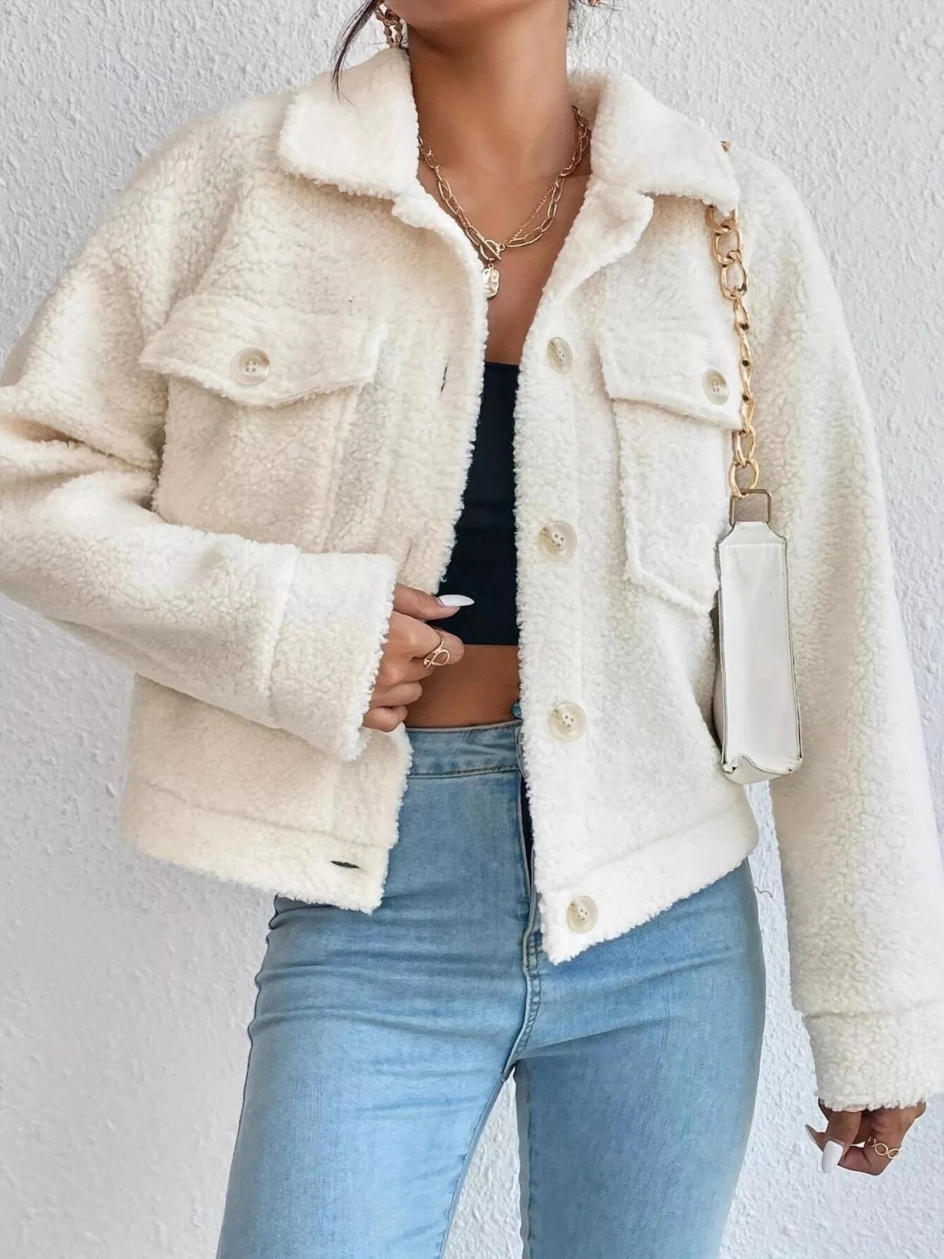 Full Size Cozy Faux Shearling Button-Up Jacket Plus Size Trendsi