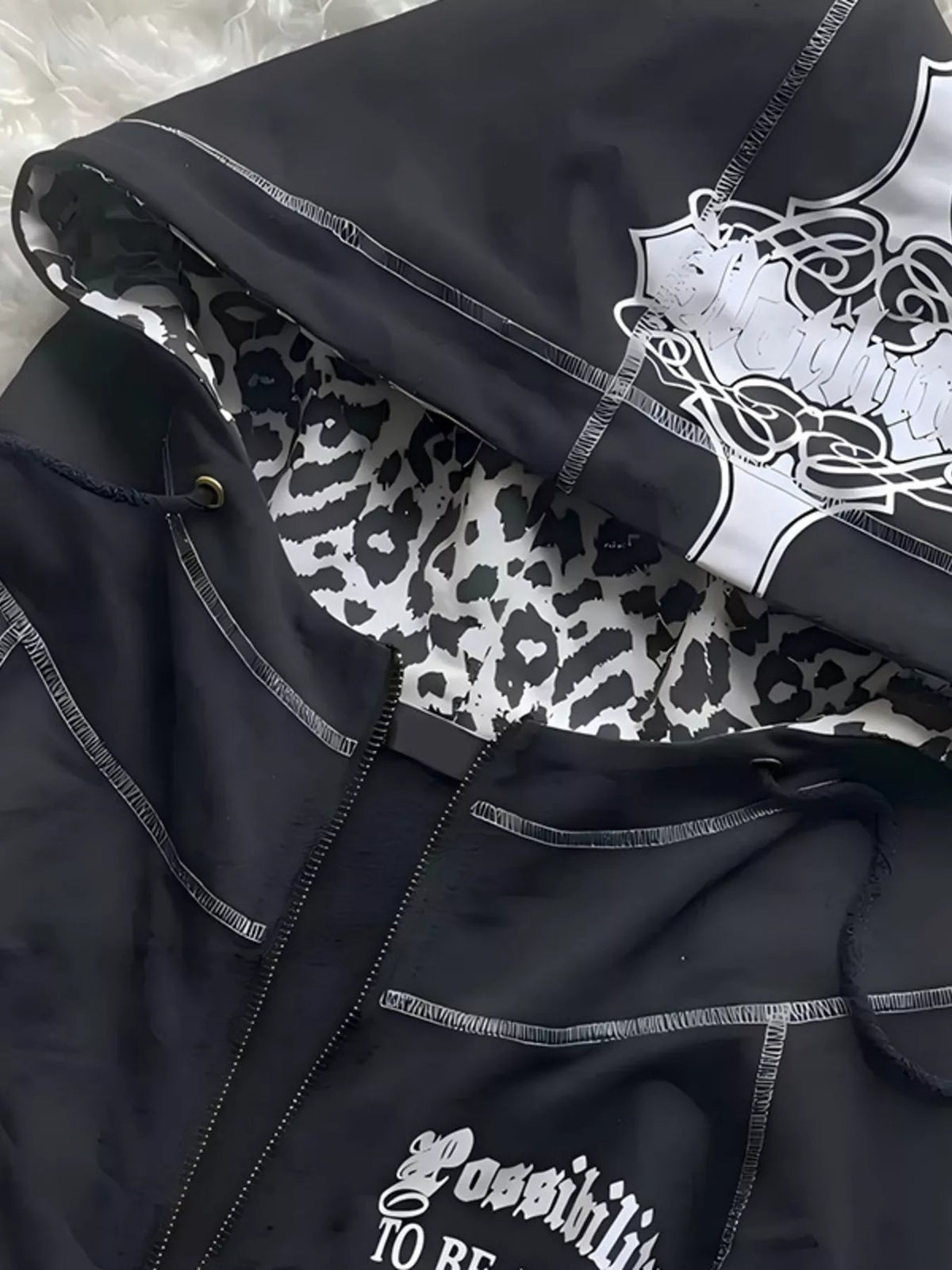Gothic Cross Leopard Lined Zip-Up Hoodie Trendsi