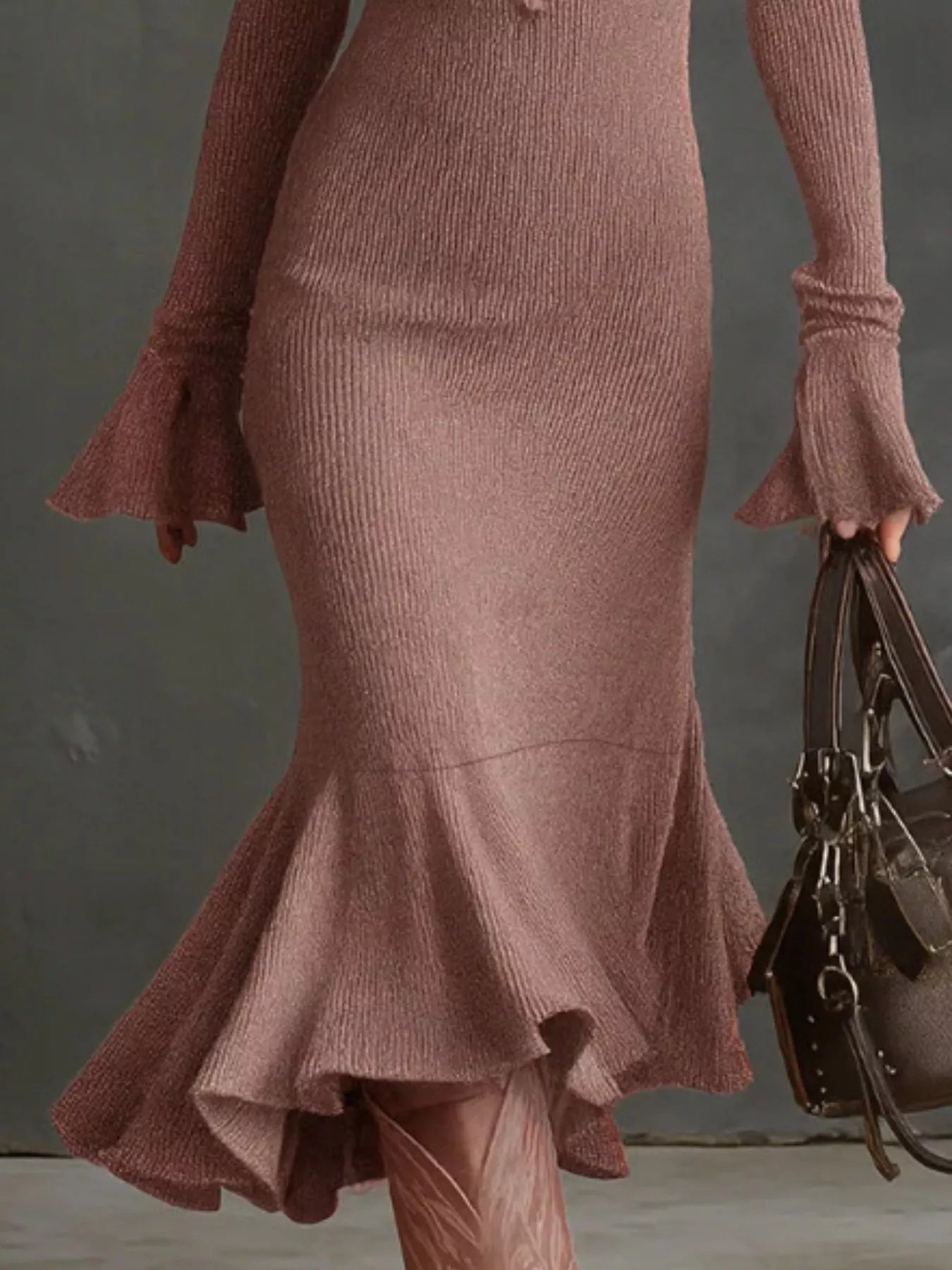 Ribbed Knit Zip Front Flare Hem Midi Dress 
