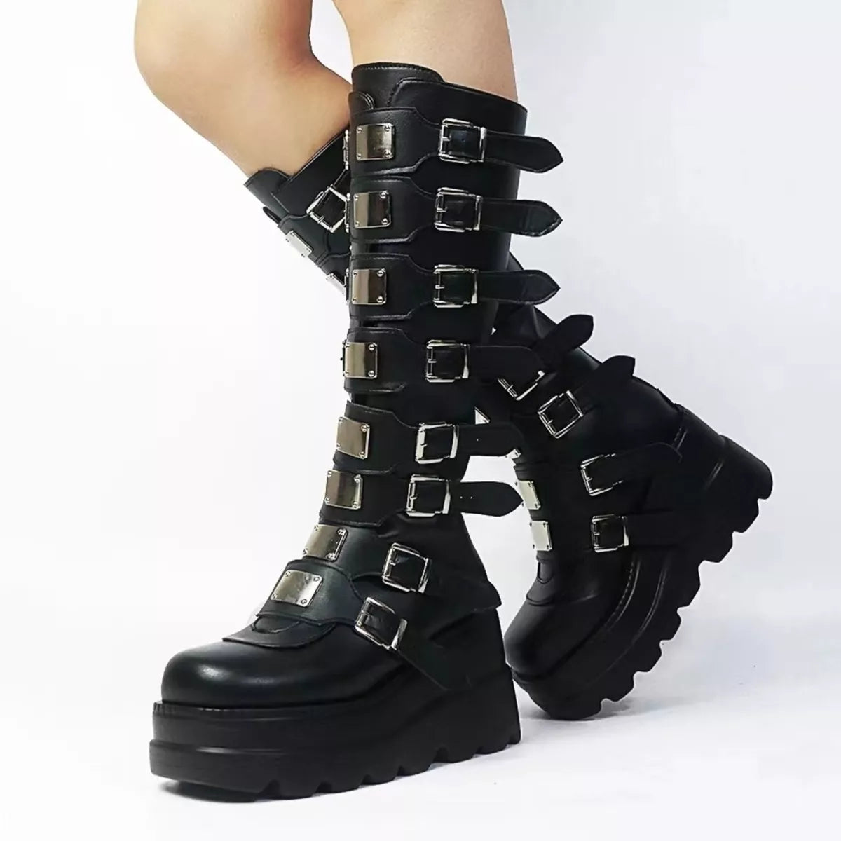 Multi-Buckle Platform Knee-High Boots Trendsi