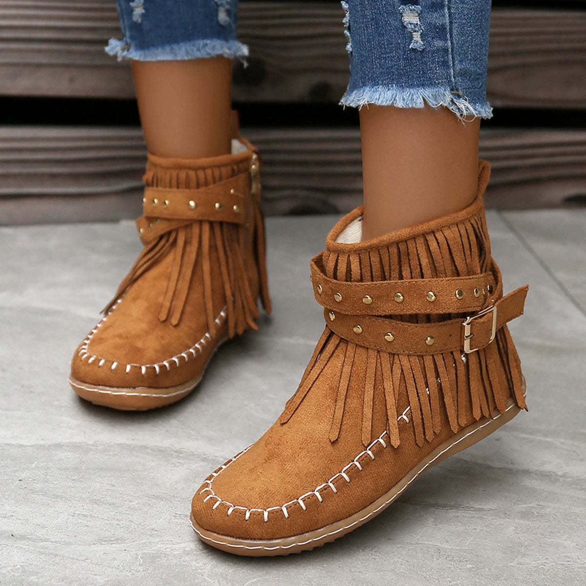 Fringe Studded Suede Flat Boots 