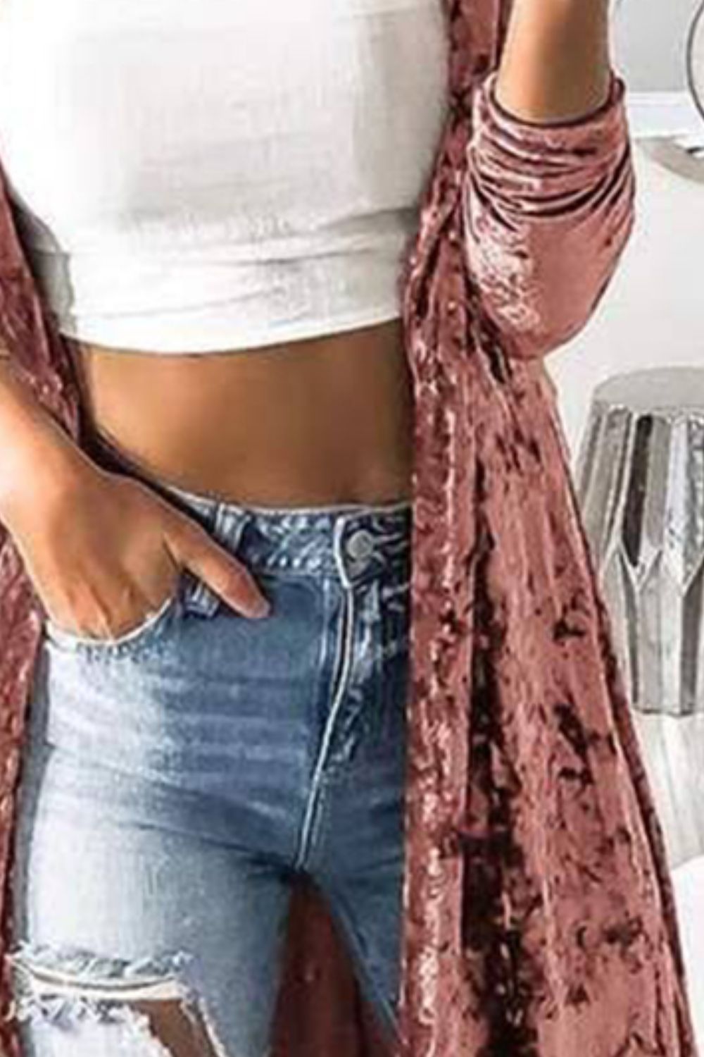 Open Front Long Sleeve Longline Velvet Cardigan 