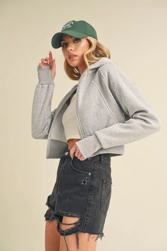 Zip Up Raglan Sleeve Cropped Hoodie 