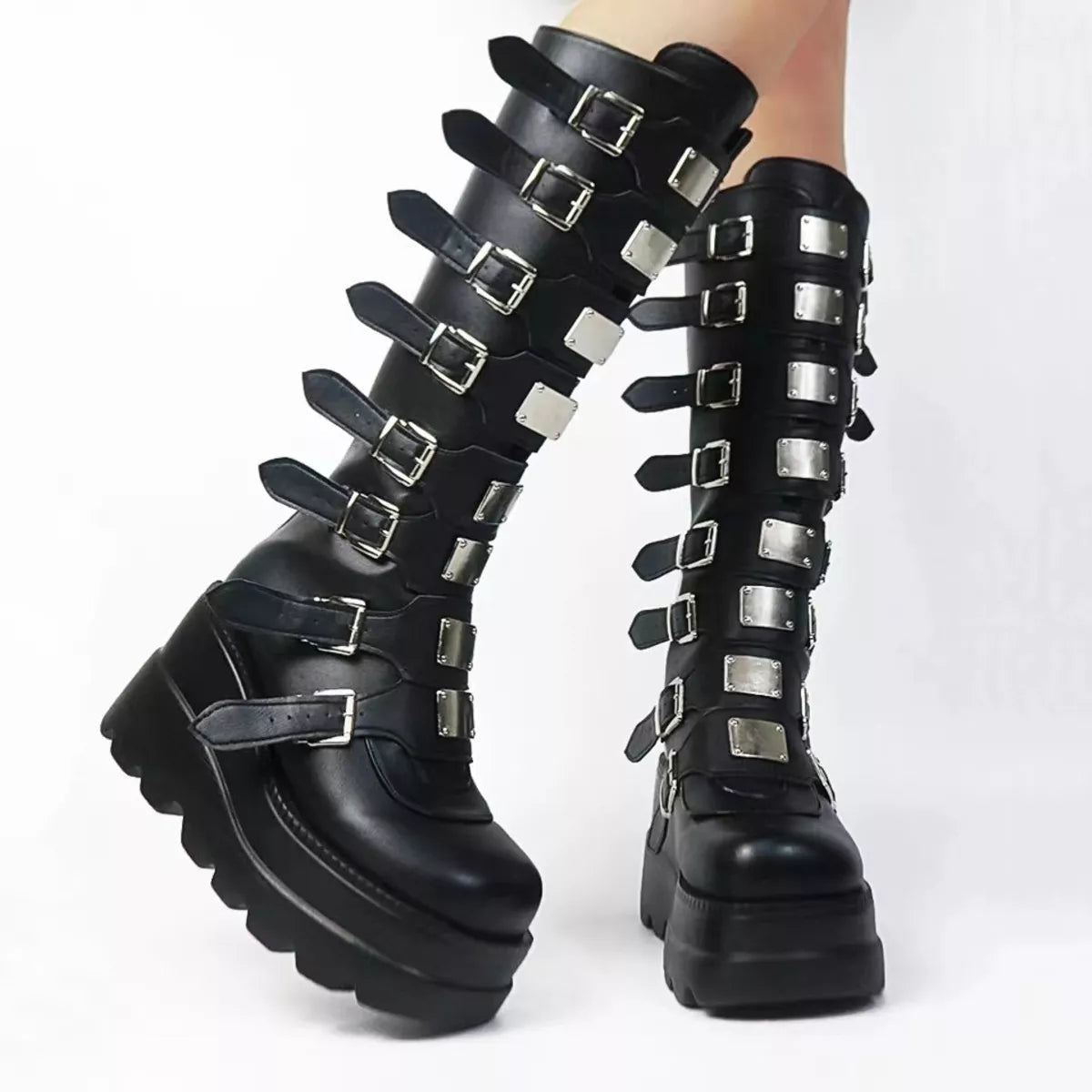 Multi-Buckle Platform Knee-High Boots Trendsi