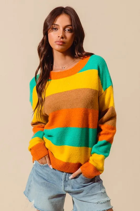 SO ME Multi Color Stripe Sweater with Ribbed Detail Trendsi