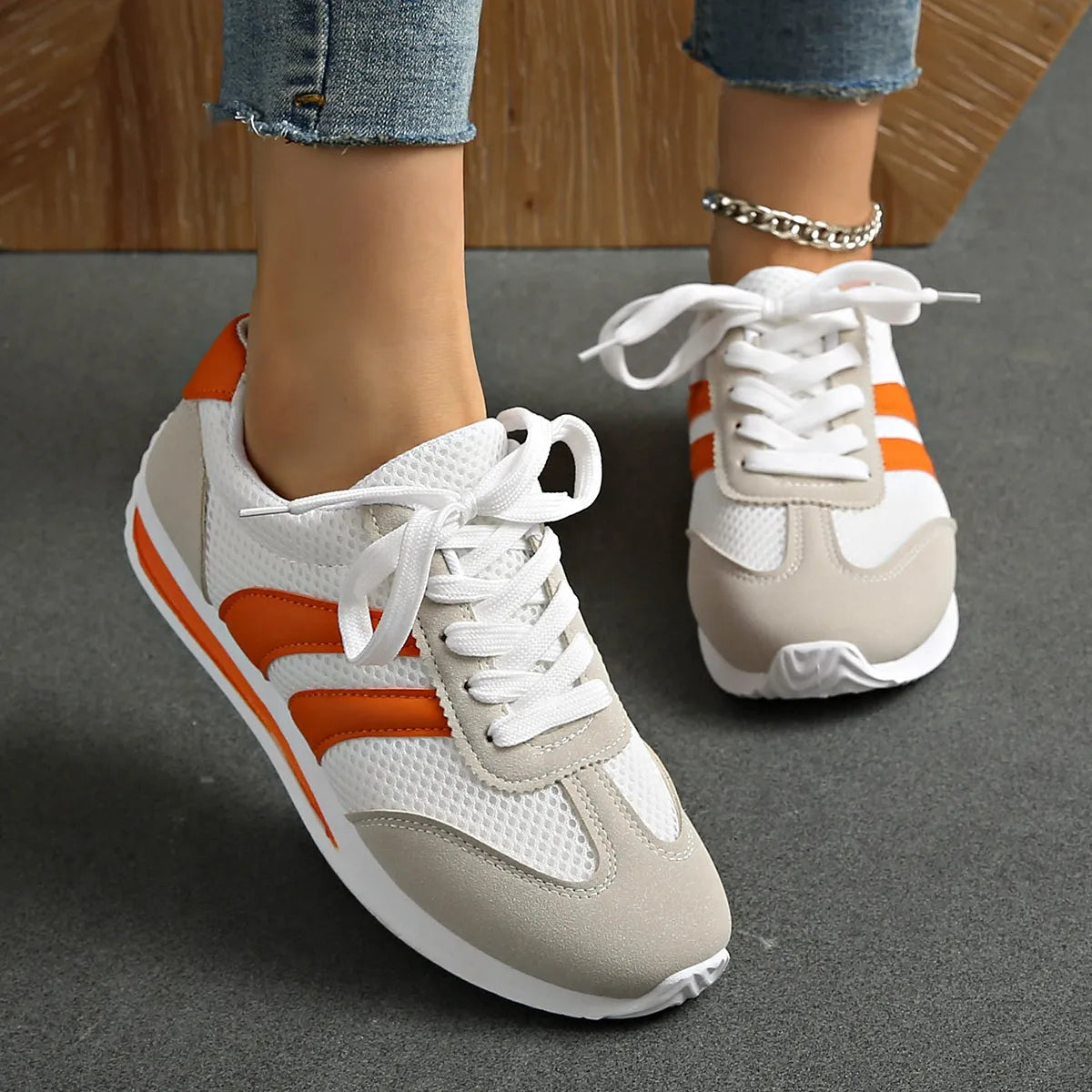 Striped Contrast Mesh Lace Up Sneakers 