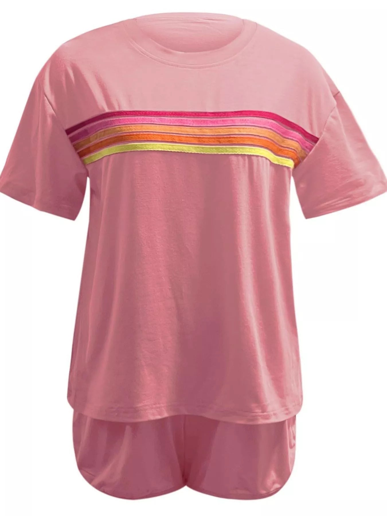 Rainbow Striped Round Neck Top and Shorts Set Trendsi