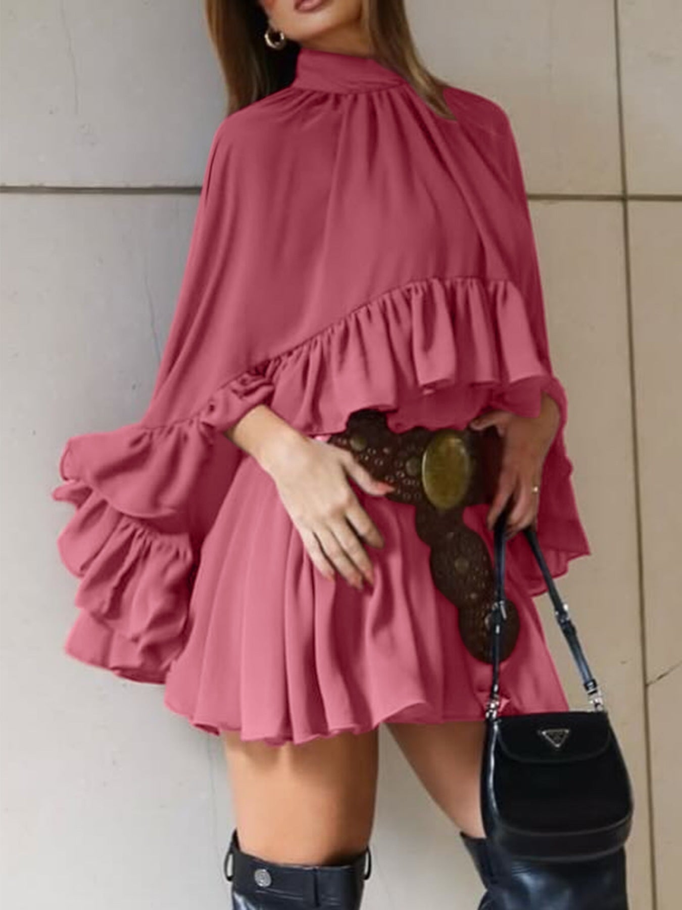 Ruffle Trim High Neck Mini Dress 