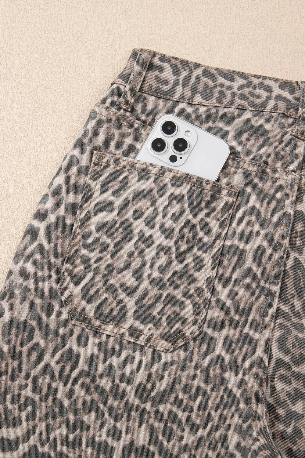 Leopard Frayed Edge Wide Leg High Waist Jeans 