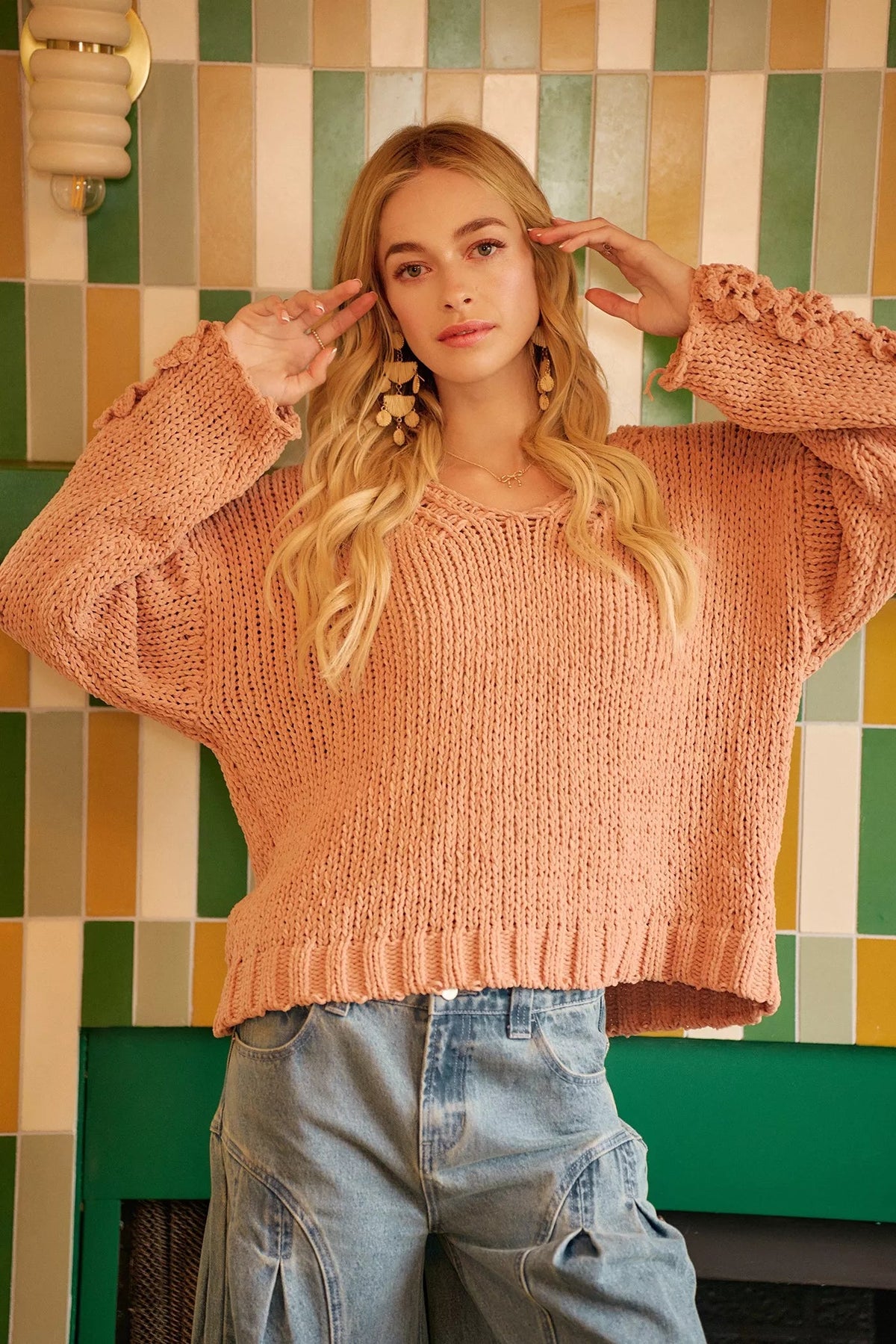 BiBi Chunky Knit Sweater with Flower Detail Sleeves Trendsi