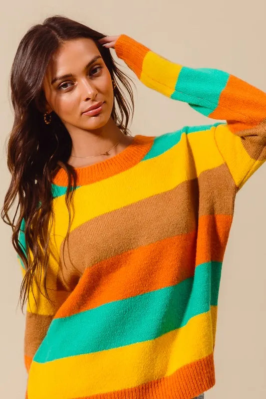 SO ME Multi Color Stripe Sweater with Ribbed Detail 