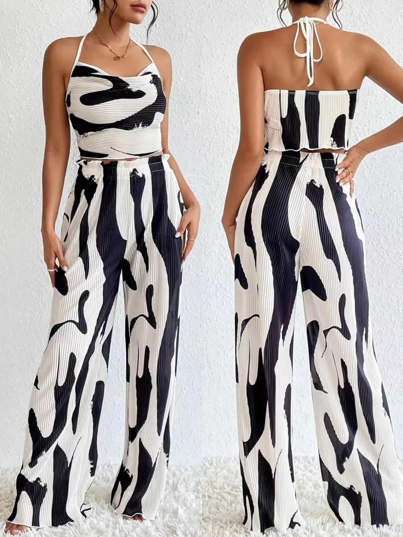 Abstract Print Halter Neck Crop Top and Wide Leg Pants Set Trendsi