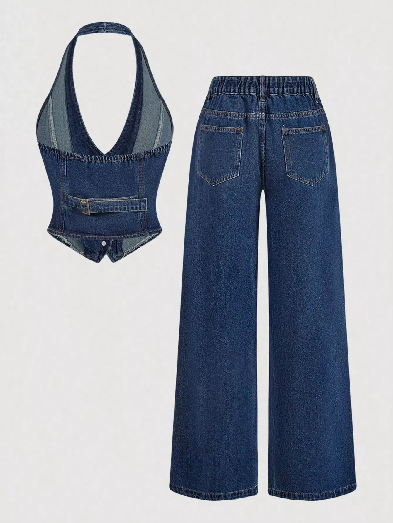 Halter Neck Denim Vest and Wide-Leg Jeans Set Trendsi