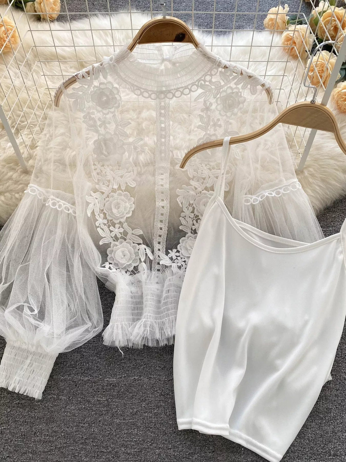 Floral Lace Blouse & Cami Set Trendsi