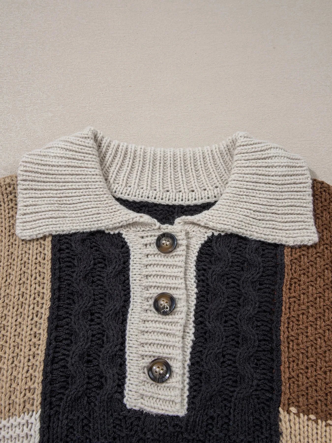 Multicolour Color Block Cable Knit Sleeve Buttons Collared Sweater 
