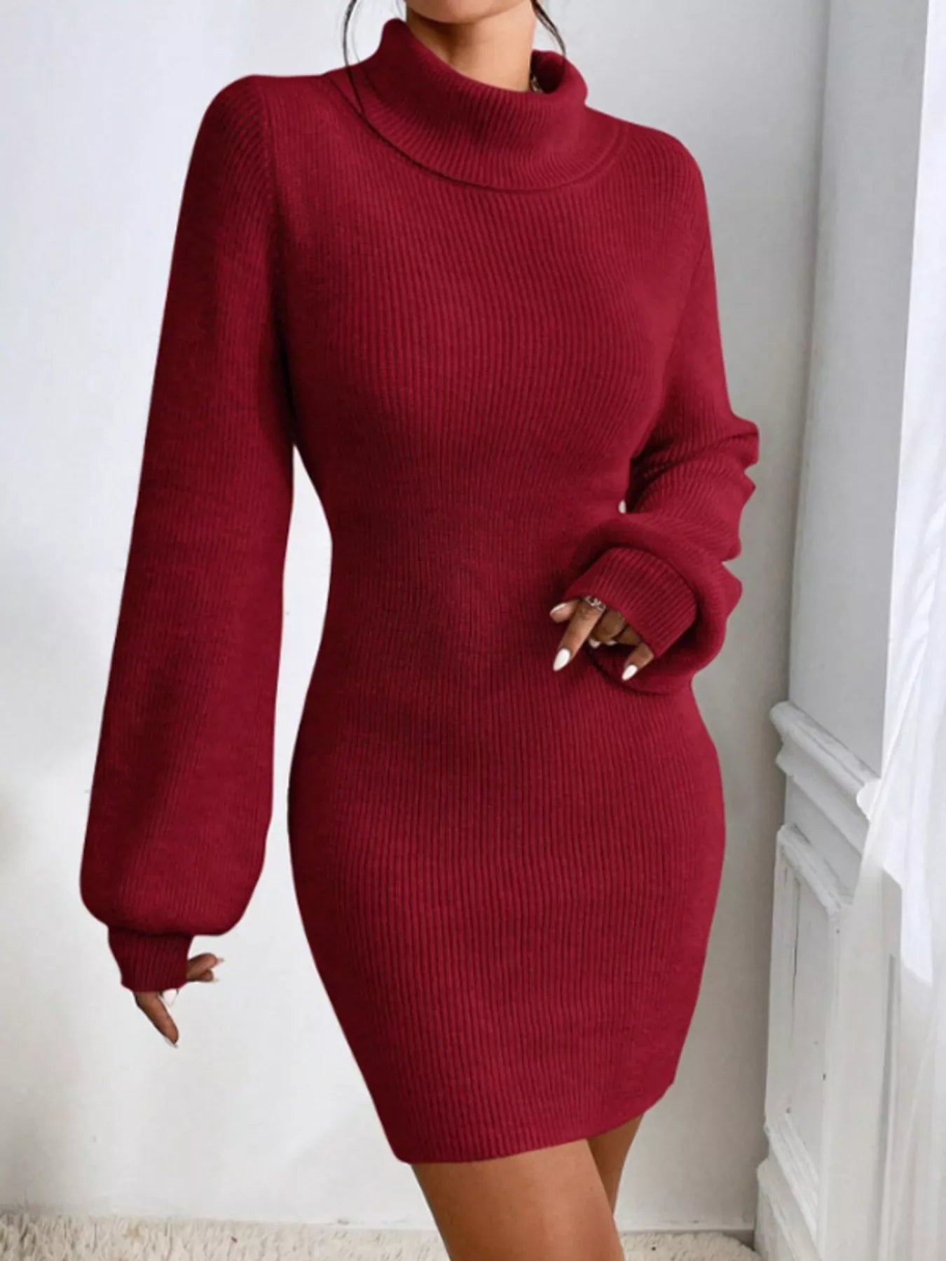 Turtleneck Ribbed Knit Sweater Dress Trendsi
