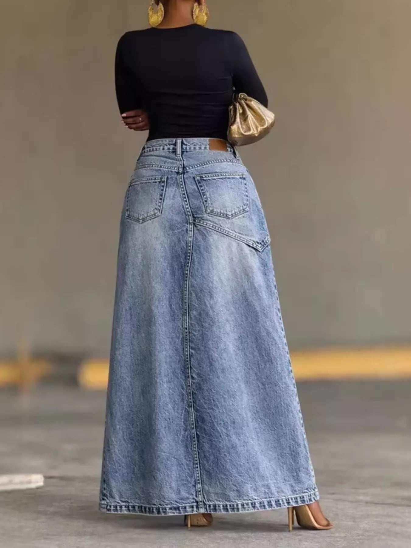 High-Waisted Slit Denim Skirt Trendsi