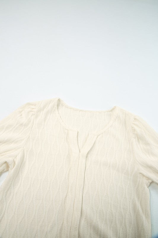 Solid Textured Notch Neck Puff Sleeve Blouse JUNIPER BLVD