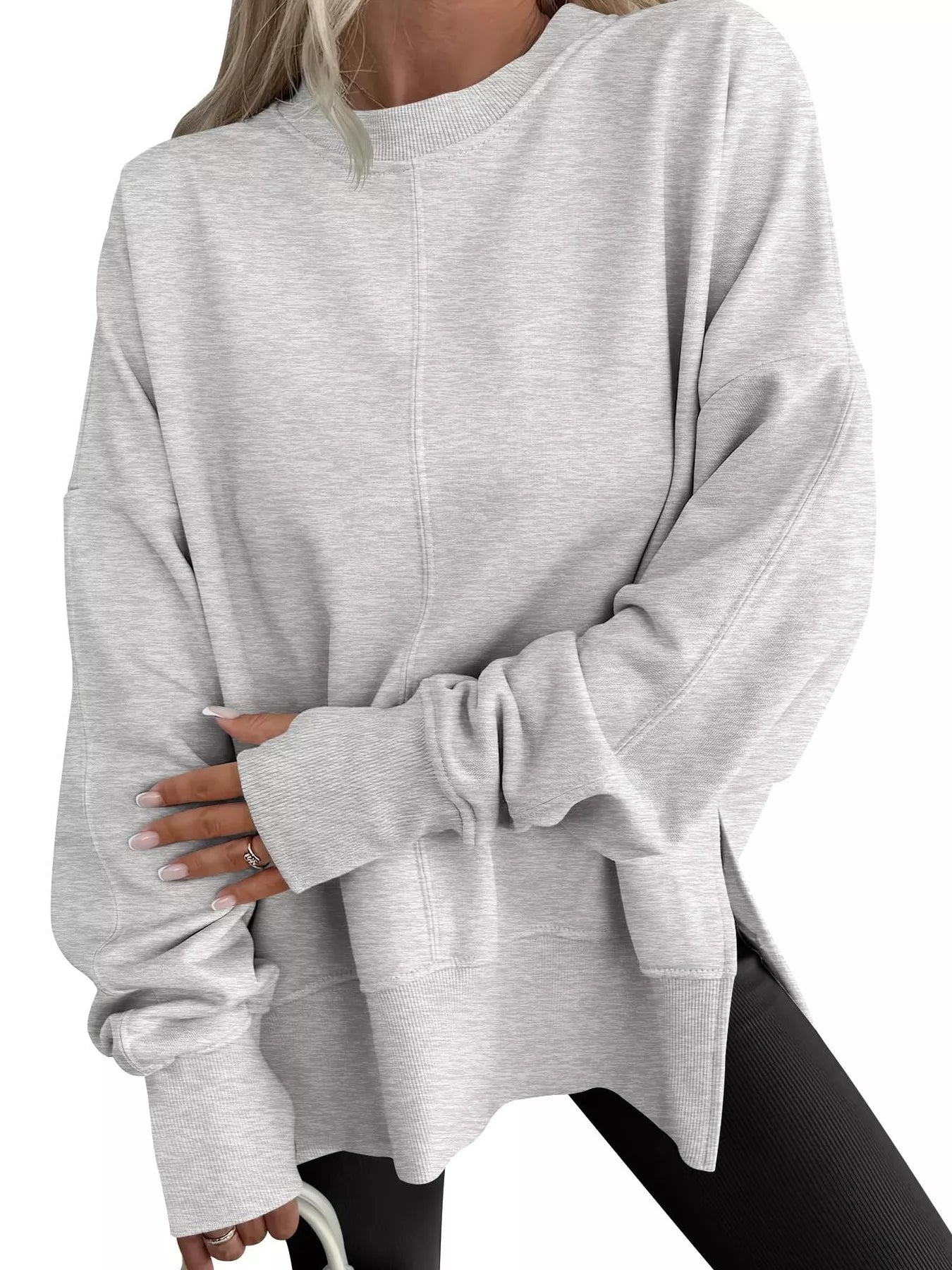 Side Slit Round Neck Long Sleeve Sweatshirt 