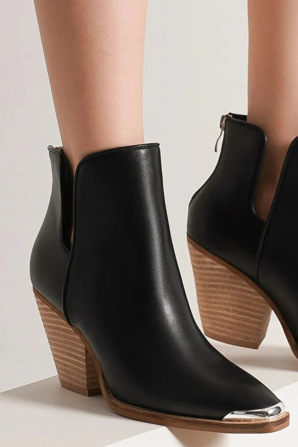 Beast Fashion Pointed Metal-Tip Toe Block Heel Ankle Boots Trendsi