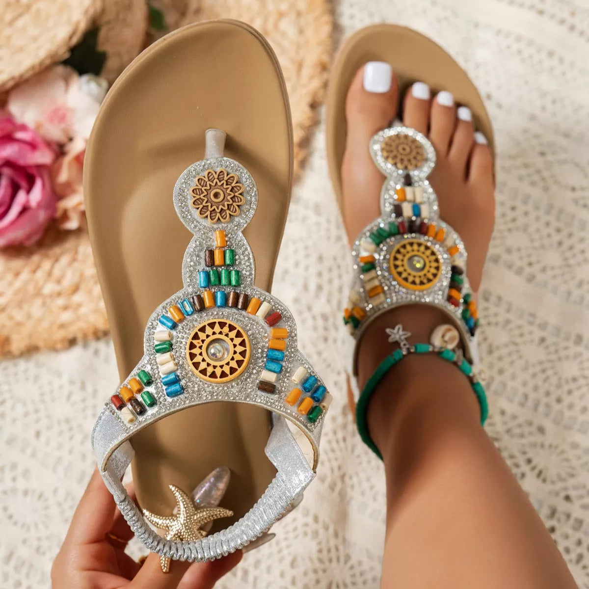 Beaded Toe Post Sandals 