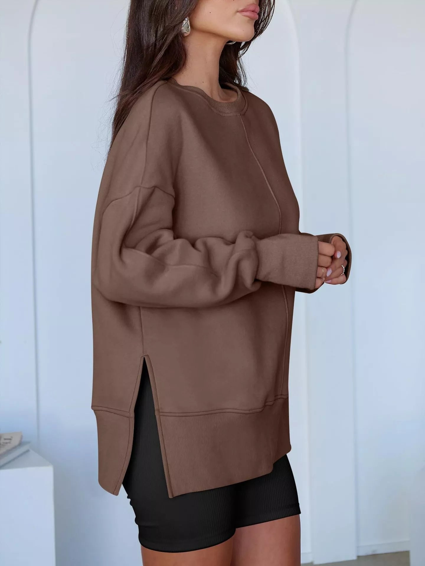 Side Slit Round Neck Long Sleeve Sweatshirt 