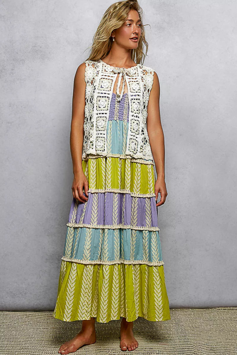 POL Tie Front Floral Pattern Crochet Vest with Scalloped Edge 