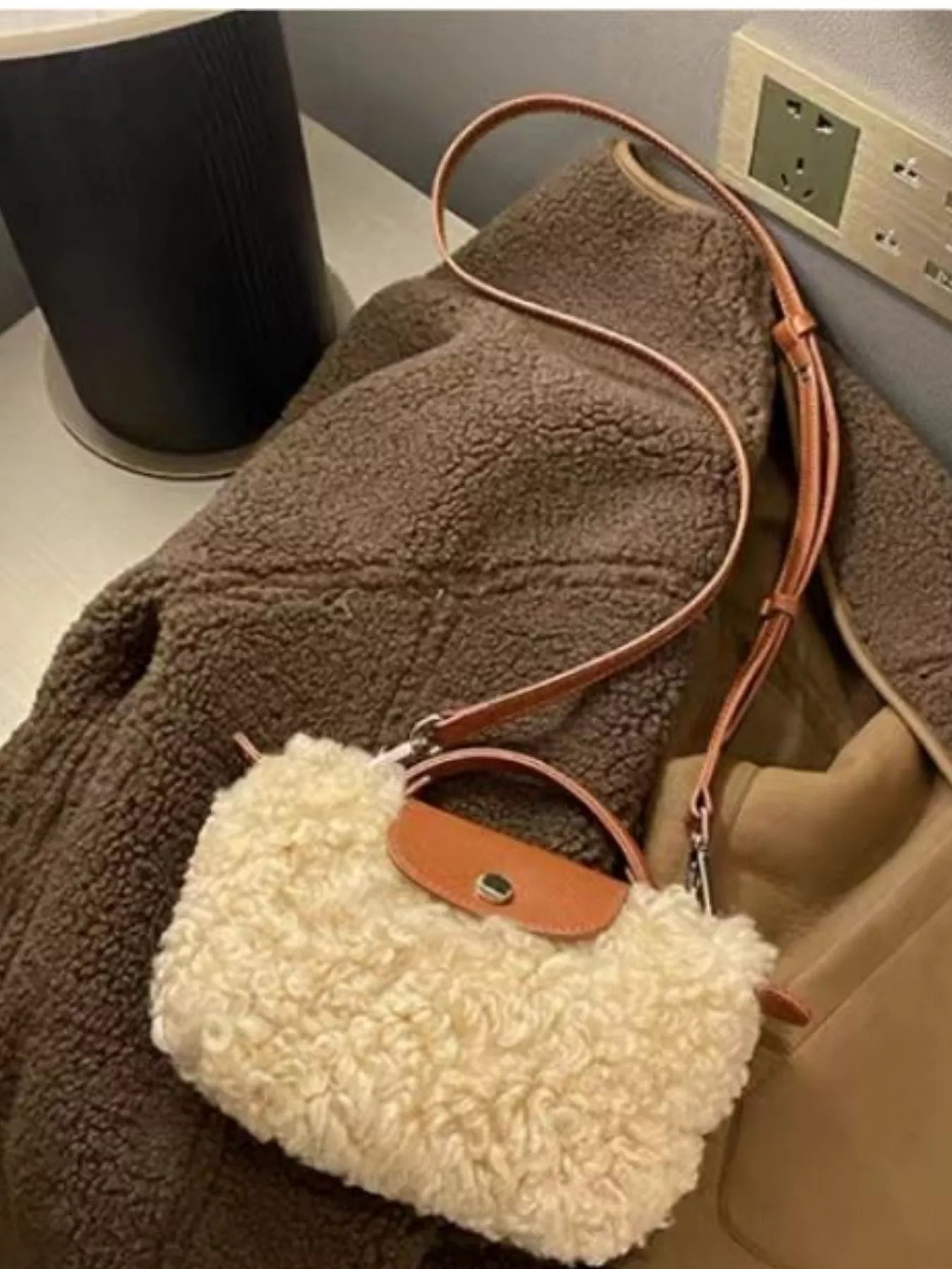 Fluffy Crossbody Bag with Leather Accents 