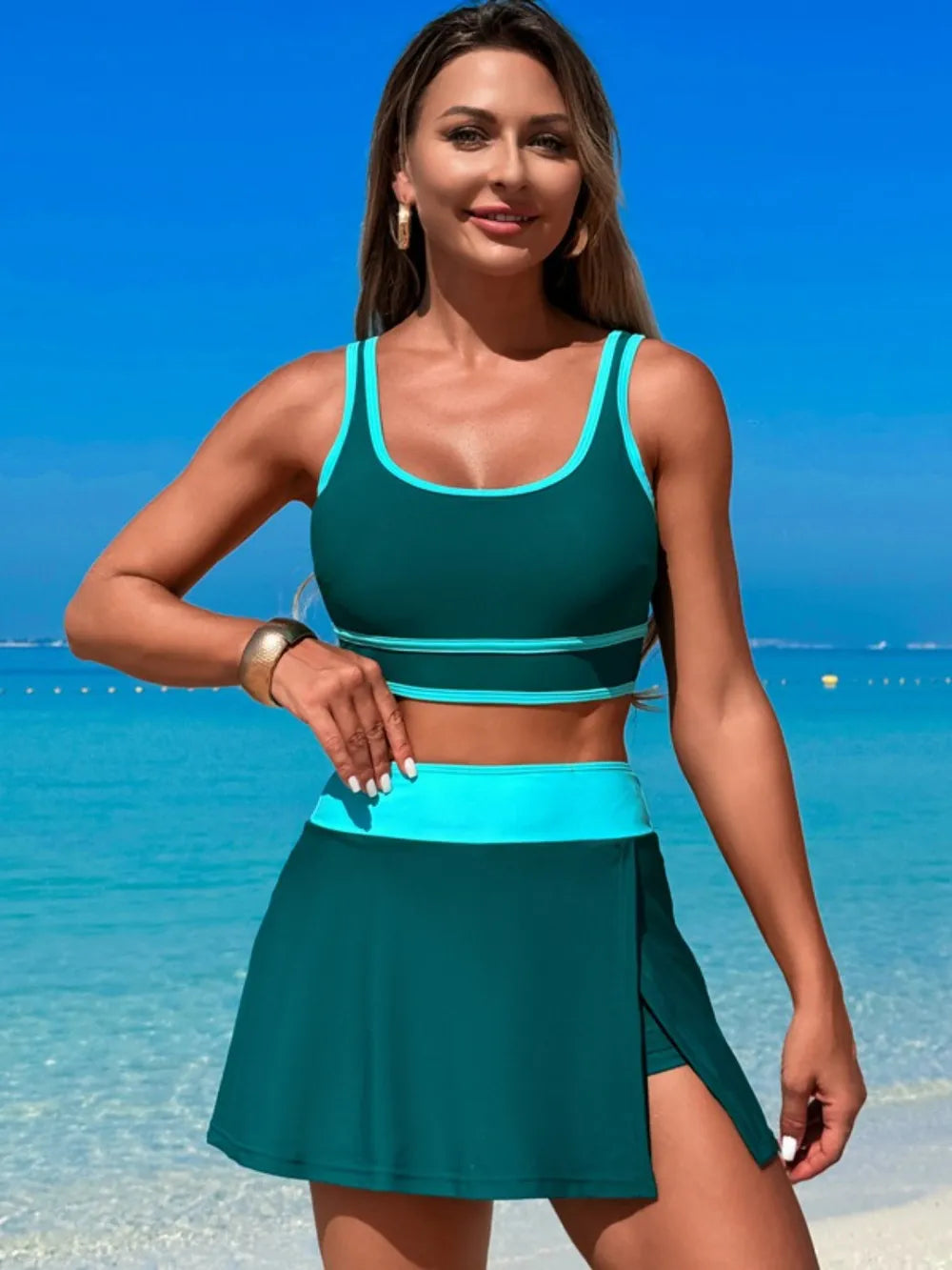 Scoop Neck Top and Skort Swim Set 