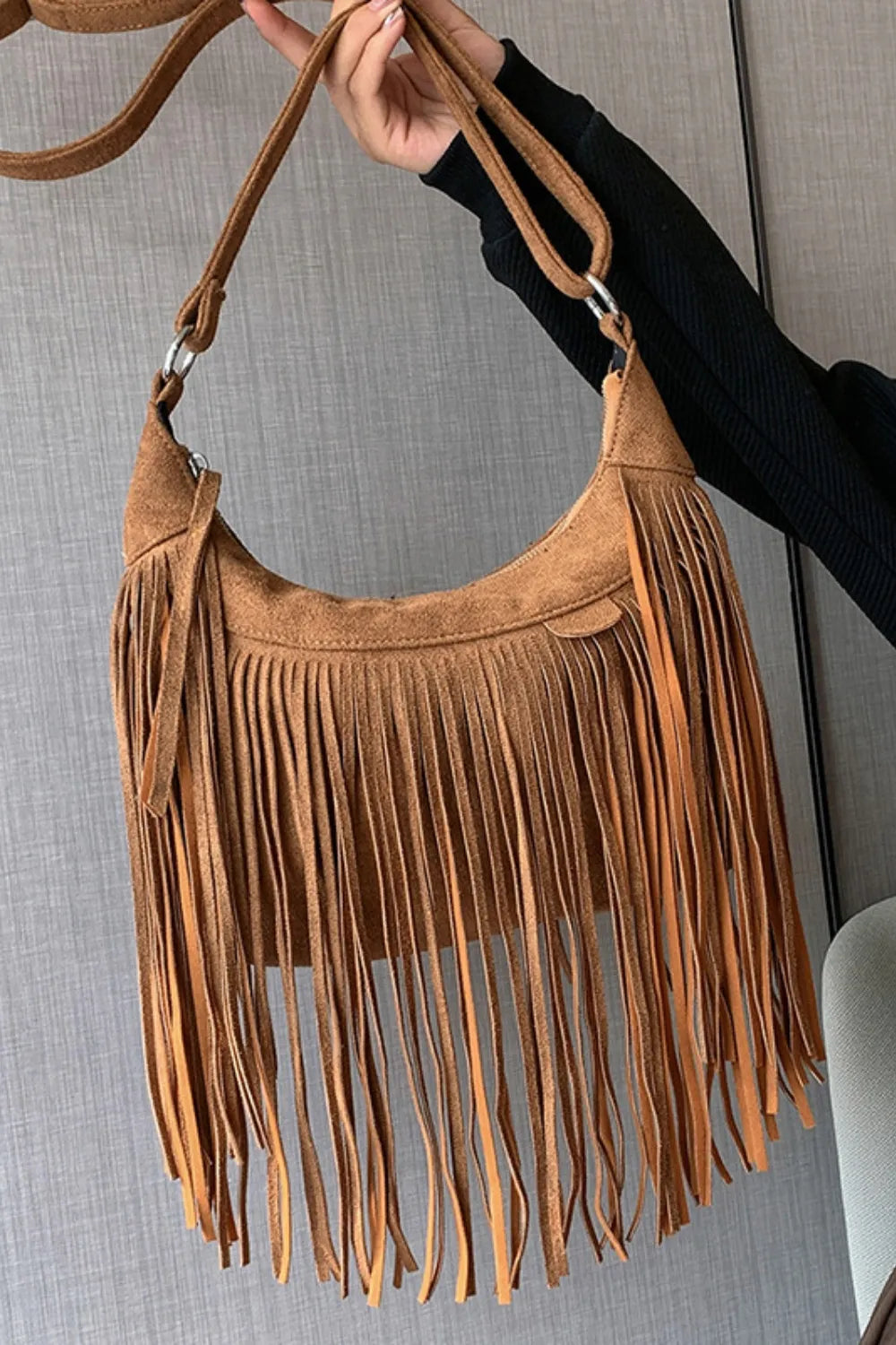 Suede Fringe Adjustable Strap Shoulder Bag 