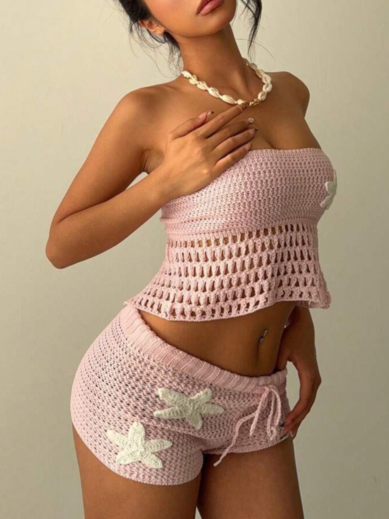 Crochet Tube Top and Shorts Sweater Set 