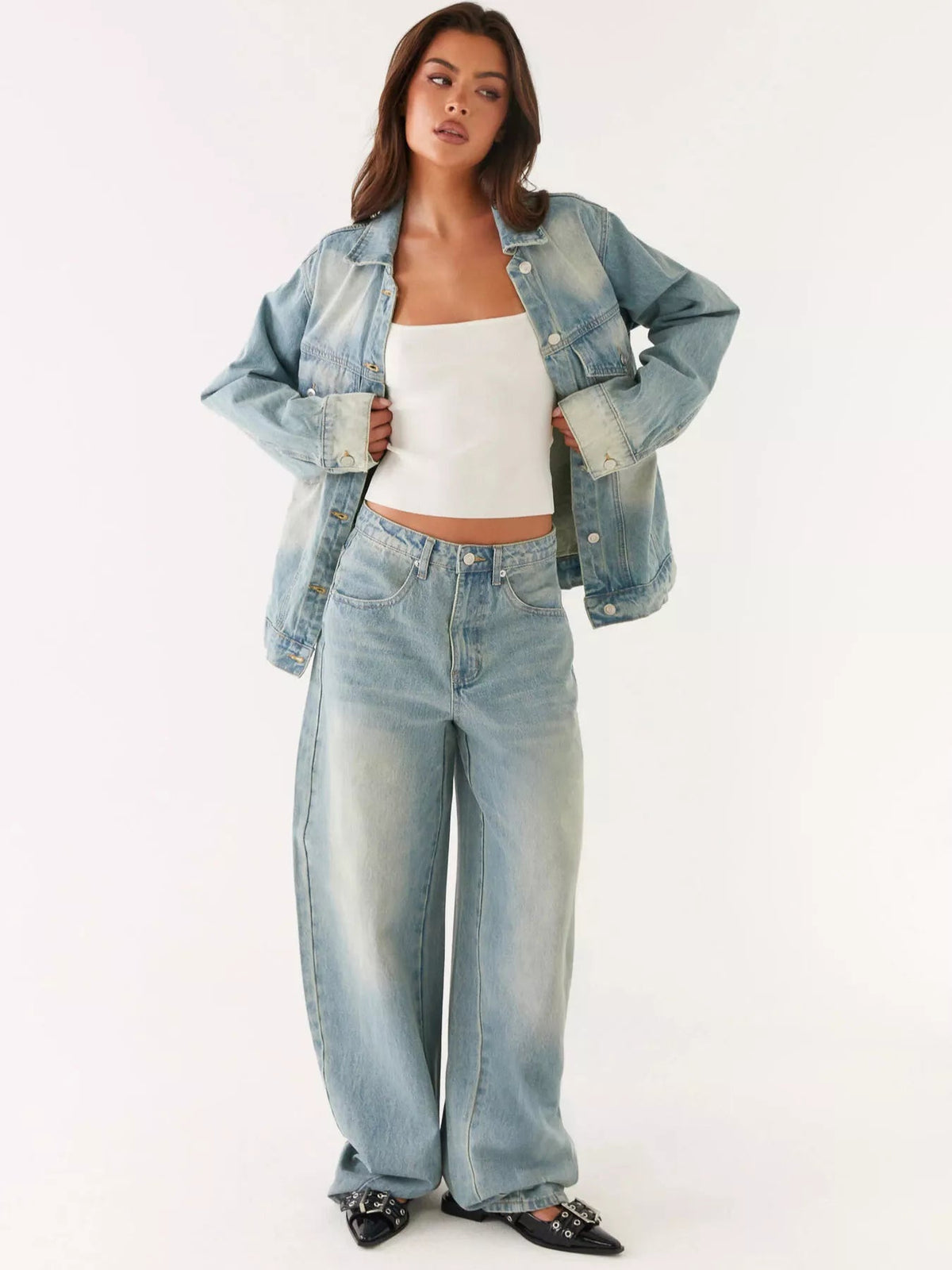 Button Up Denim Jacket and Jeans Set Trendsi