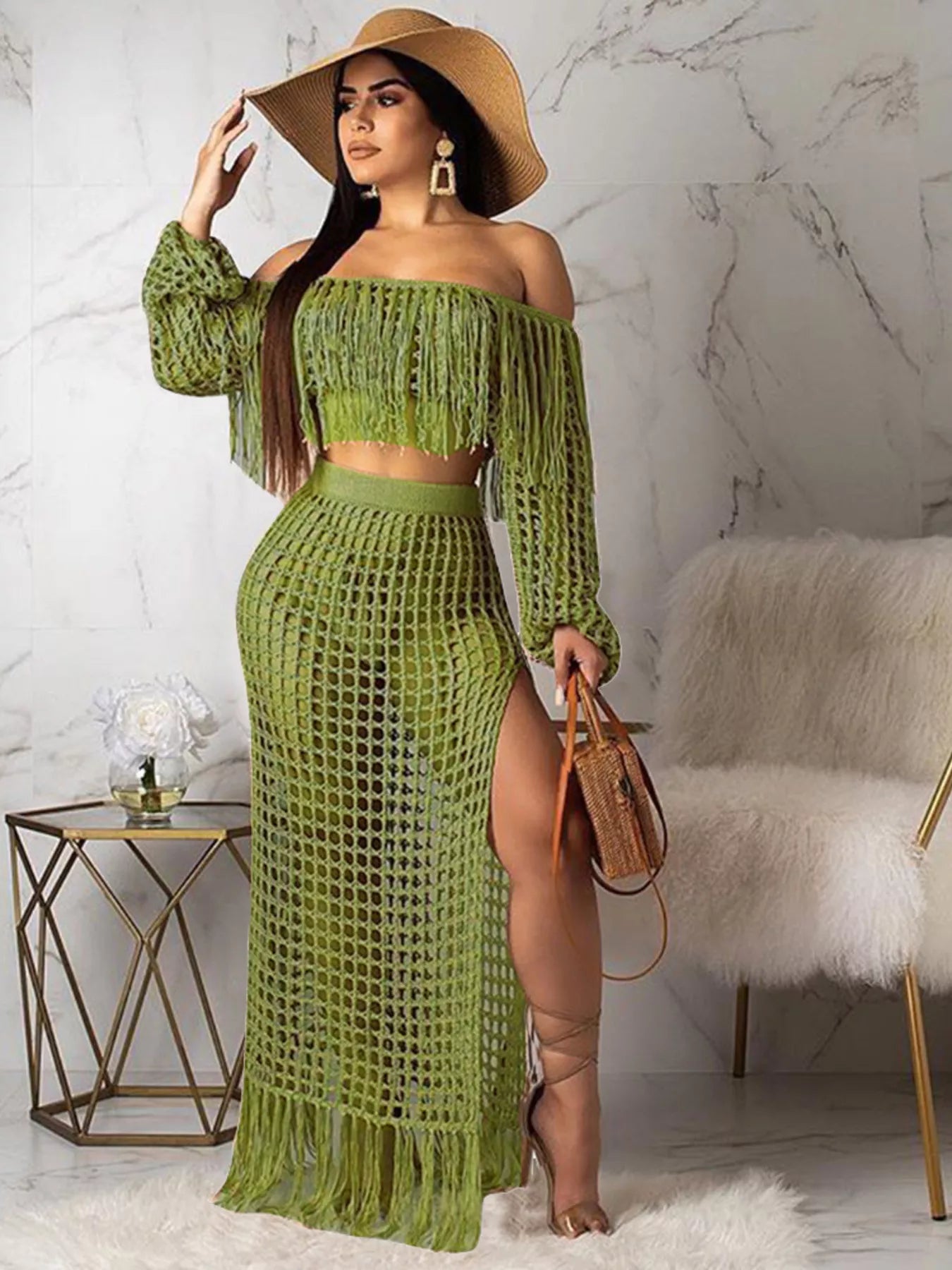 Full Size Crochet Off-Shoulder Fringe Top and Skirt Set Plus Size Trendsi