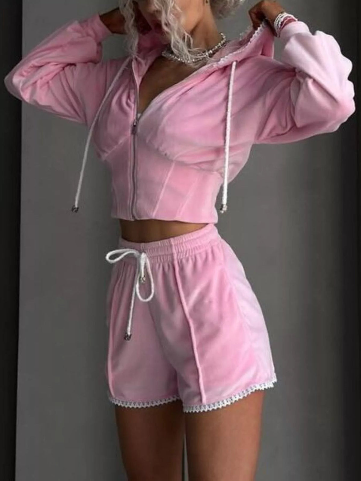 Drawstring Zip-Up Hoodie and Shorts Set 