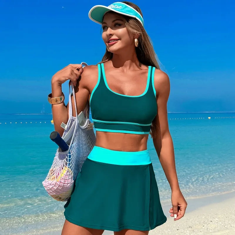 Scoop Neck Top and Skort Swim Set 