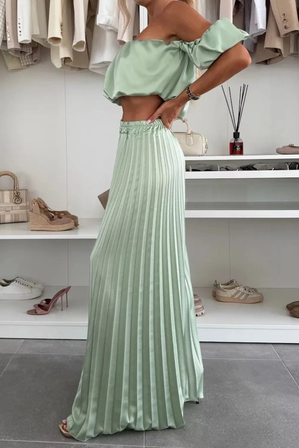 Off-Shoulder Top and Pleated Pants Set Luckygirlsclothingcompany.com
